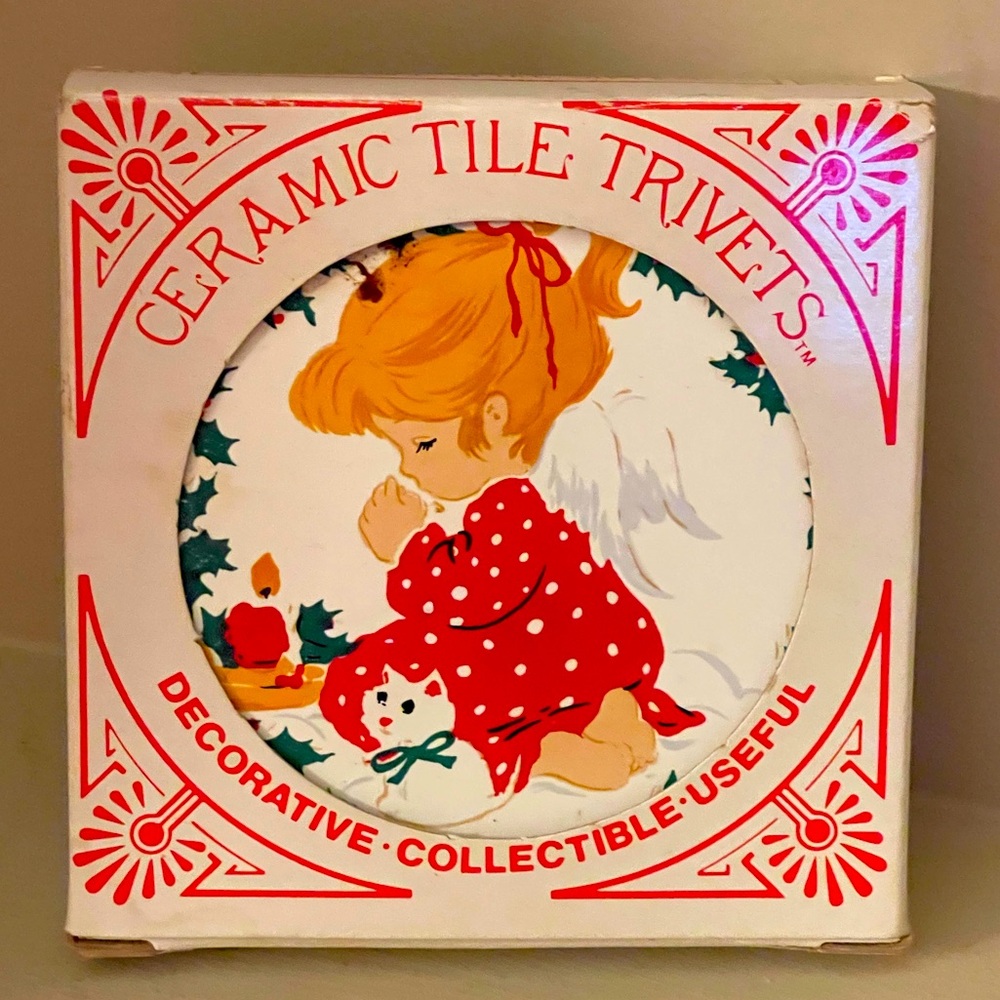 Vintage Jasco Ceramic Tile Trivets Christmas praying girl angel 1980s White Red